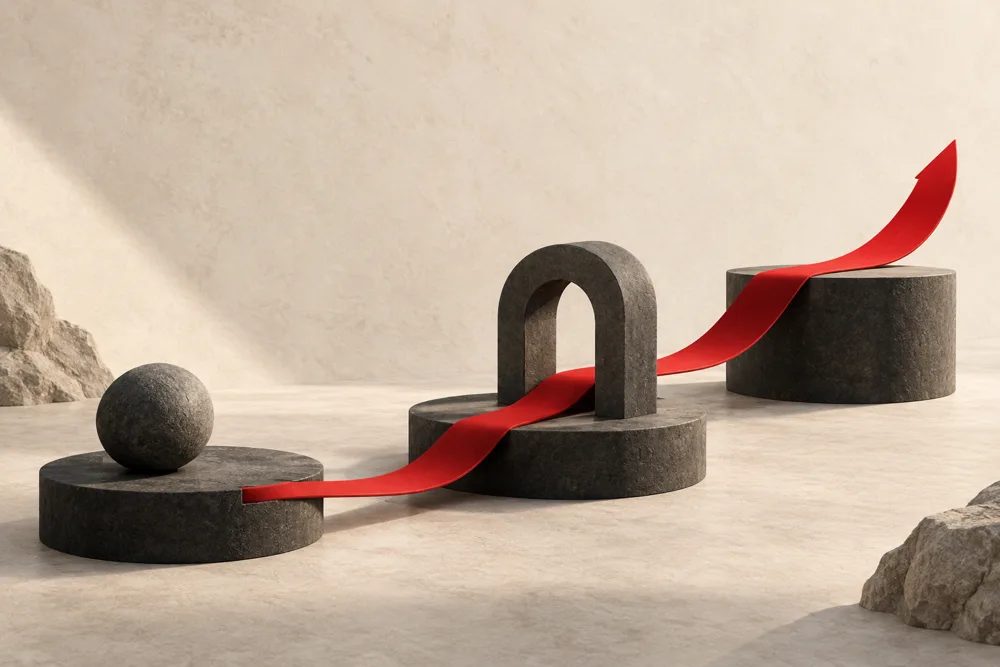 A red path connects three stages, illustrating a joined-up customer journey