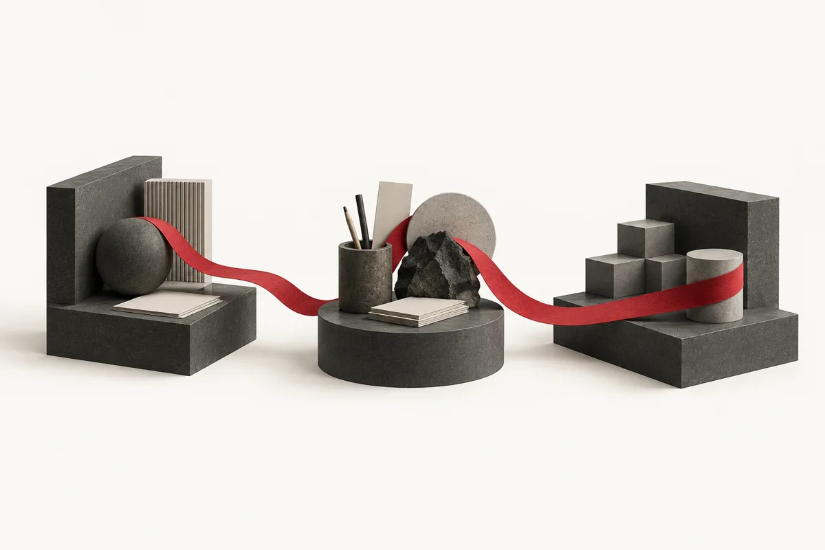 Three connected workstations linked by one red path, illustrating teams working toward a shared direction