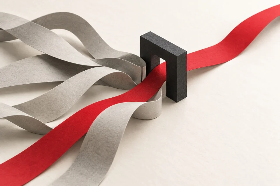 A red paper path passes through a narrow charcoal gateway among tangled grey paths.
