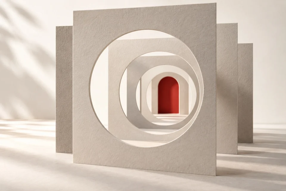 Aligned openings in paper panels reveal a red doorway.