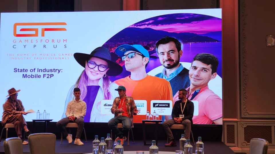Panel discussion on stage at Gamesforum Cyprus, with Alex Piliavsky among the panellists