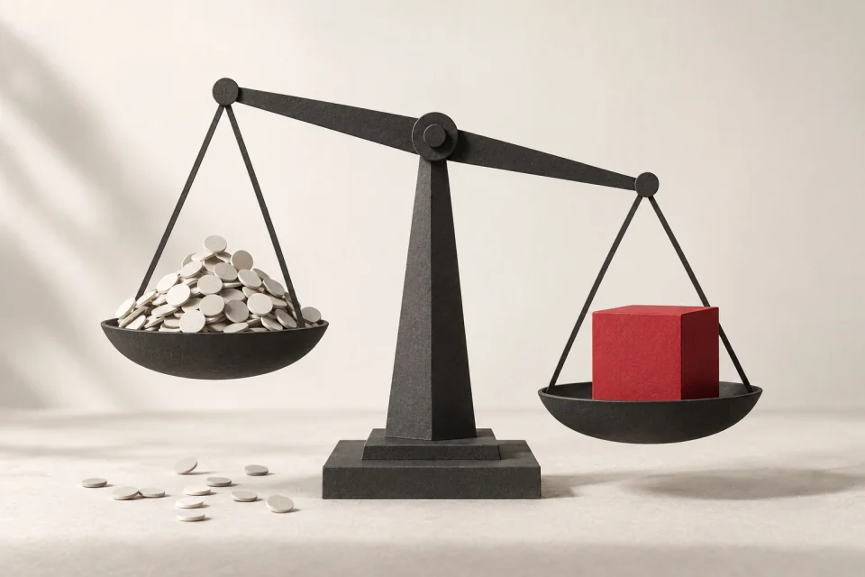 A single red cube outweighs many small paper discs on a charcoal balance scale.