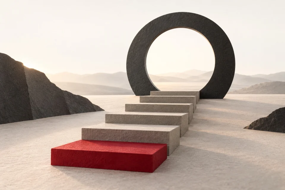 A staircase with a red first step leads towards an open circular frame.